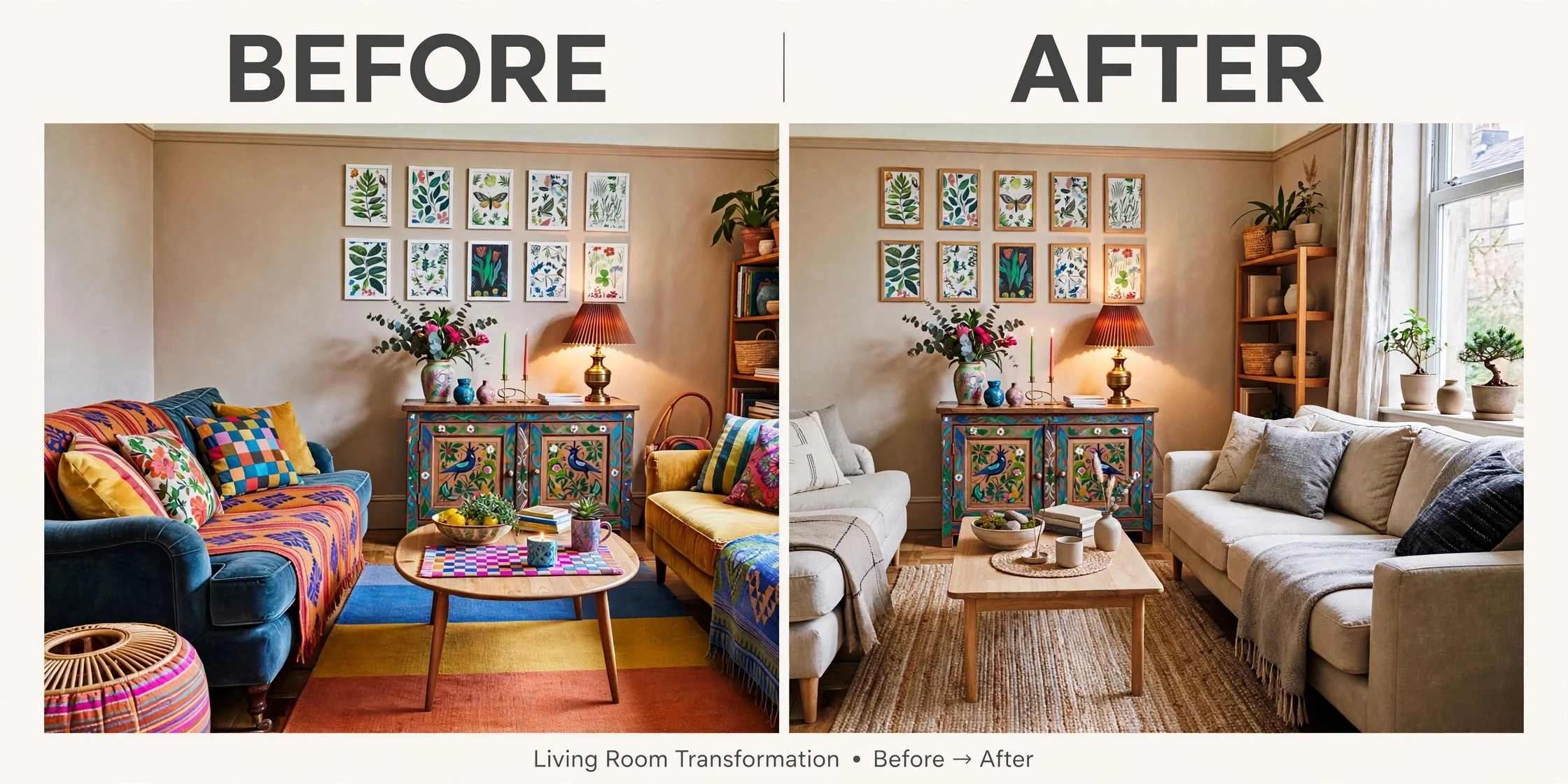 Living room before-and-after comparison from Muse Image editing examples