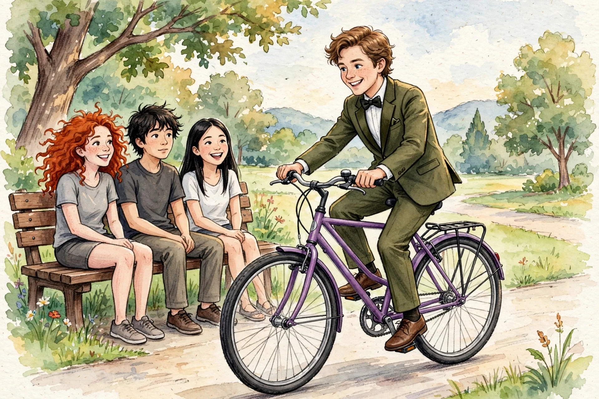 Multi-reference drawing with person, bike, clothing, and park bench scene
